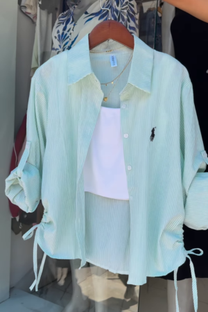 Mint Striped Drawstring Shirt with White Crop Tank – Breezy Layered Look