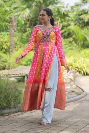Yellow Pink Color Cotton Printed Navratri Kurti