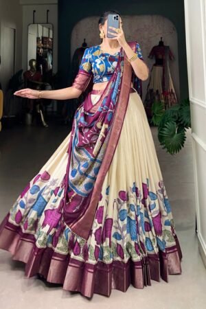 Off-White Color Jacquard Dola Silk Printed Lehenga Choli