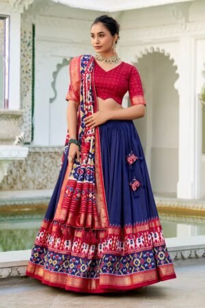 Navy Blue Color Tussar Silk Patola Printed Lehenga Choli