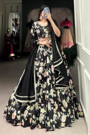 Black Color Tussar Silk Floral Printed Lehenga Choli