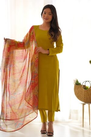 Yellow Color Viscose Ready To wear Three Piece Kurti Suit