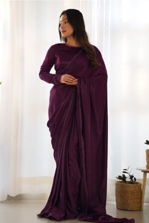 Wine Color Marble Velvet Pre Drapped Saree