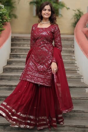 Maroon Color Faux Georgette Embroidered Sharara Suit