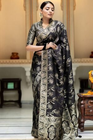 Black Color Banarasi Jacquard Zari Weaving Saree
