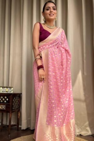 Beautiful Baby Pink Color Banarasi Jacquard Weaving Saree