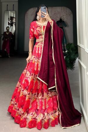 Red Color Tussar Silk Floral Printed Lehenga Choli