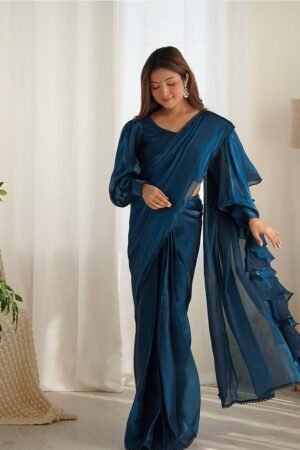 Teal Blue Color Jimmy Choo Pre Drapped Saree