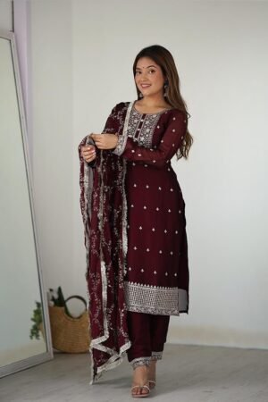 Maroon Color Rangoli Silk Three Piece Kurti Suit