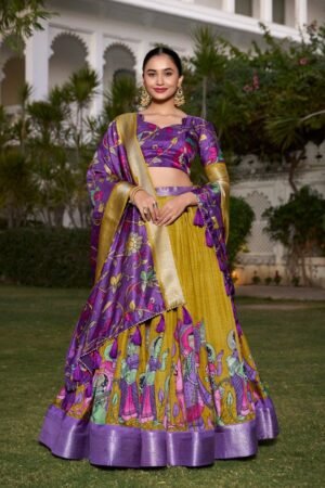 Mustard Color Dola Silk Kalamkari Printed Lehenga Choli