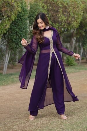 Western Designer Wine Color Georgette Three Piece Kurti Suit