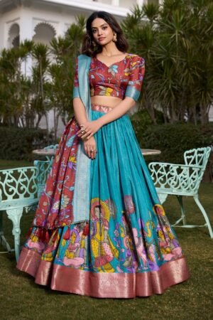 Firozi Color Dola Silk Kalamkari Printed Lehenga Choli