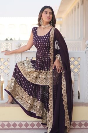 Designer Dark Wine Color Three Piece Gharara Suit