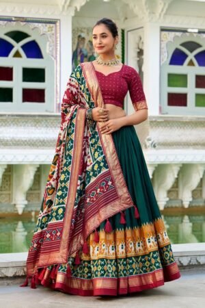 Green Color Tussar Silk Patola Printed Lehenga Choli
