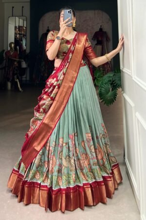 Sea Green Color Jacquard Dola Silk Printed Lehenga Choli