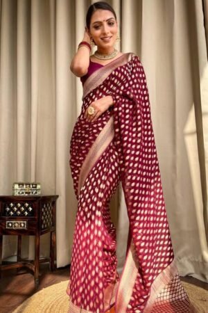 Beautiful Maroon Color Banarasi Jacquard Weaving Saree