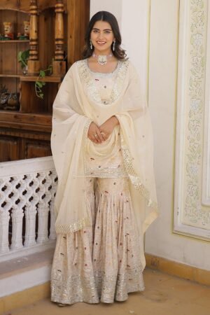 Off-White Color Viscose Jacquard Three Piece Gharara Suit