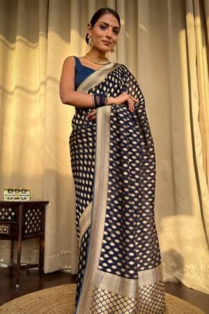 Beautiful Navy Blue Color Banarasi Jacquard Weaving Saree
