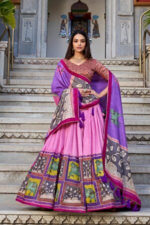 Peach Color Tussar Silk Kalamkari Printed Lehenga Choli