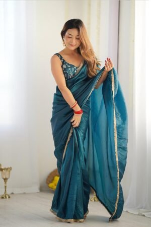 Teal Blue Color Tissue Silk Pre Drapped Saree