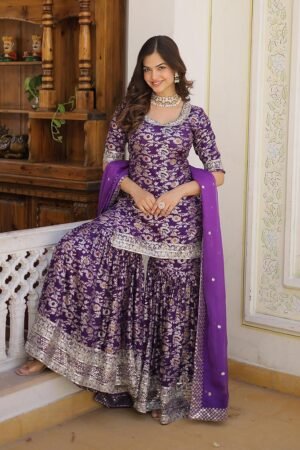 Purple Color Viscose Jacquard Three Piece Gharara Suit