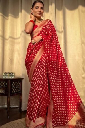 Beautiful Red Color Banarasi Jacquard Weaving Saree