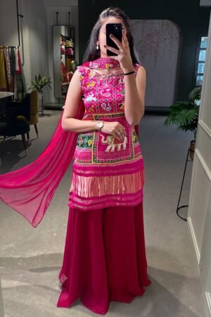 Rani Pink Color Gaji Silk Three Piece Sharara Suit