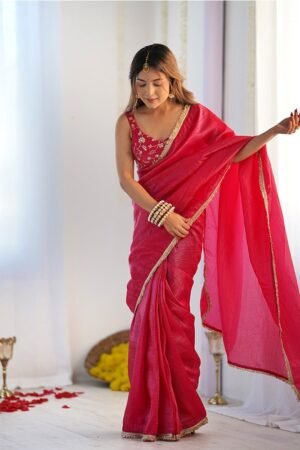 Rani Pink Color Tissue Silk Pre Drapped Saree