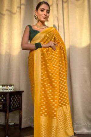 Beautiful Yellow Color Banarasi Jacquard Weaving Saree