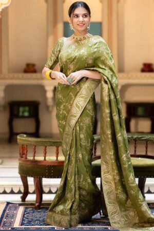 Mehndi Color Banarasi Jacquard Zari Weaving Saree
