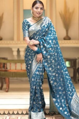 Rama Color Banarasi Jacquard With Zari Work Saree