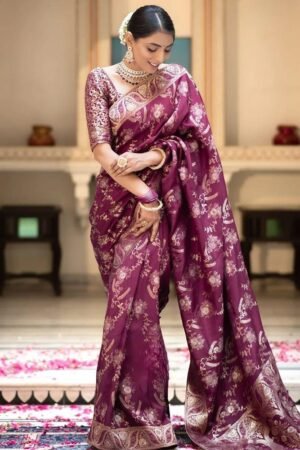 Wine Color Banarasi Jacquard Zari Weaving Saree