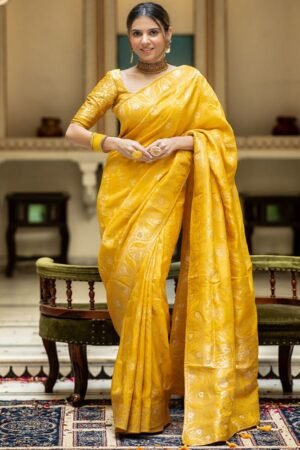 Yellow Color Banarasi Jacquard Zari Weaving Saree