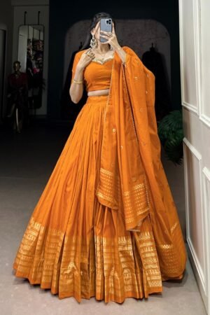 Yellow Color Pure Chanderi Plain Navratri Lehenga Choli