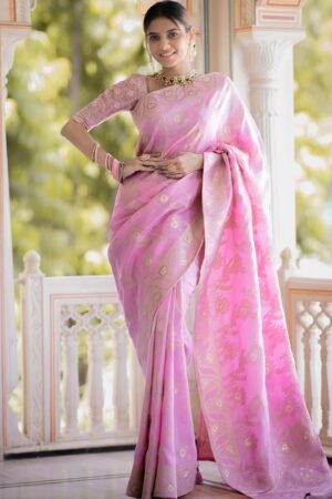 Pink Color Banarasi Jacquard Zari Weaving Saree