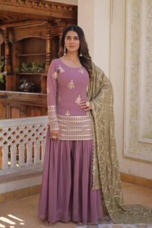Beautiful Onion Color Georgette Three Piece Plazzo Suit