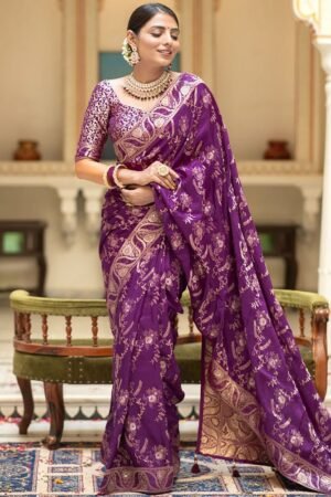 Purple Color Banarasi Jacquard Zari Weaving Saree