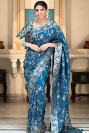Rama Color Banarasi Jacquard Zari Weaving Saree