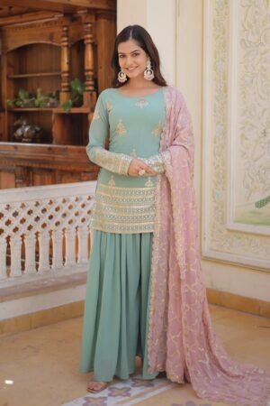 Beautiful Bottle Green Color Georgette Three Piece Plazzo Suit