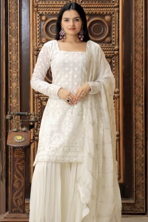 White Color Three Piece Sharara Suit
