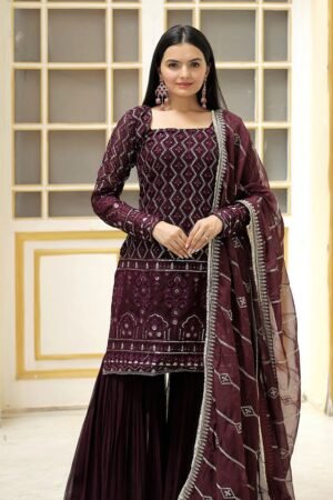 Wine Color Three Piece Sharara Suit