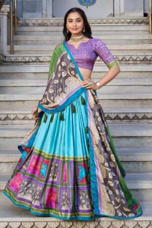 Sea Green Color Tussar Silk Kalamkari Printed Lehenga Choli