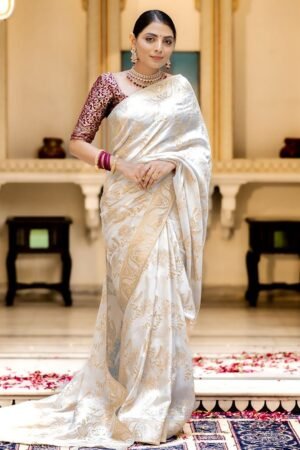 White Color Banarasi Jacquard Zari Weaving Saree