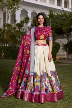 Off-White Color Dola Silk Kalamkari Printed Lehenga Choli
