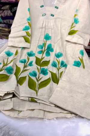 Cream Hand-Painted Floral Kurti with Pant – Elegant Ethnic Wear Set
