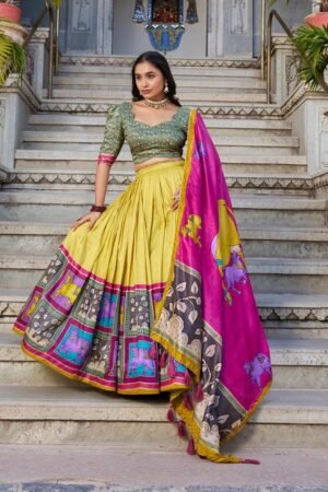 Mustard Color Tussar Silk Kalamkari Printed Lehenga Choli