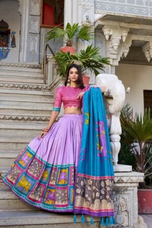 Lavender Color Tussar Silk Kalamkari Printed Lehenga Choli