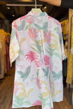 Tropic Whisper Cotton Shirt – Pastel Leaf Print Resortwear