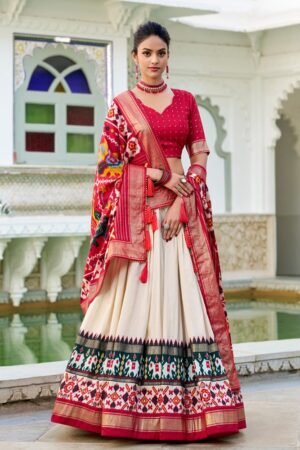 Off-White Color Tussar Silk Patola Printed Lehenga Choli
