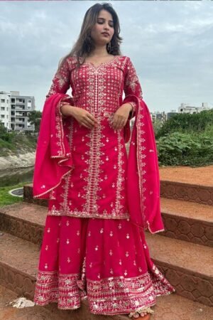 Rani Pink Color Faux Georgette Embroidered Sharara Suit